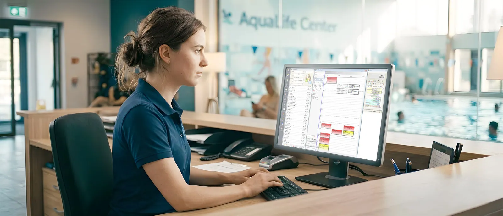 Segretaria di piscina lavora al computer con PoolGest